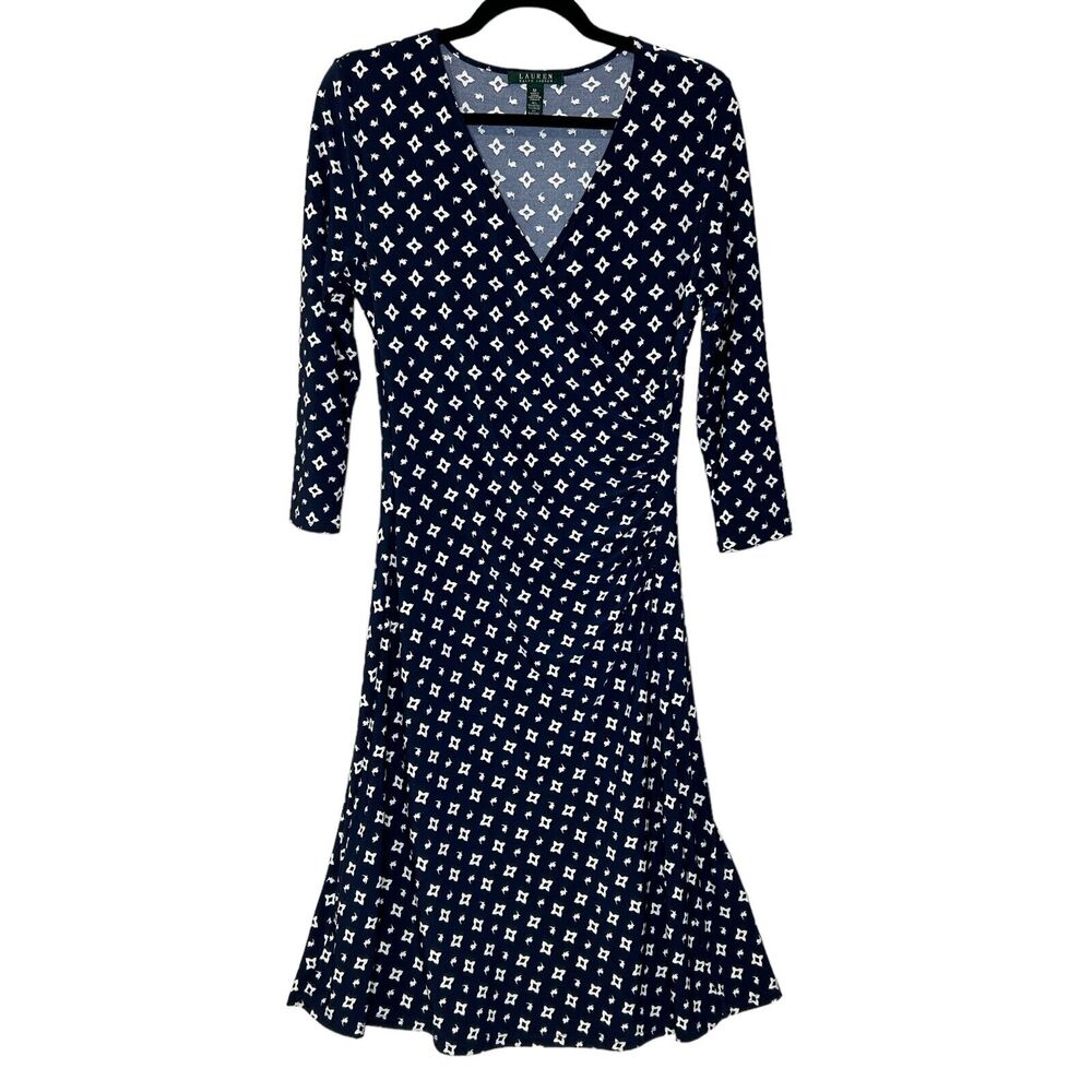 Ralph Lauren Navy Blue and White Printed Midi Wrap Dress